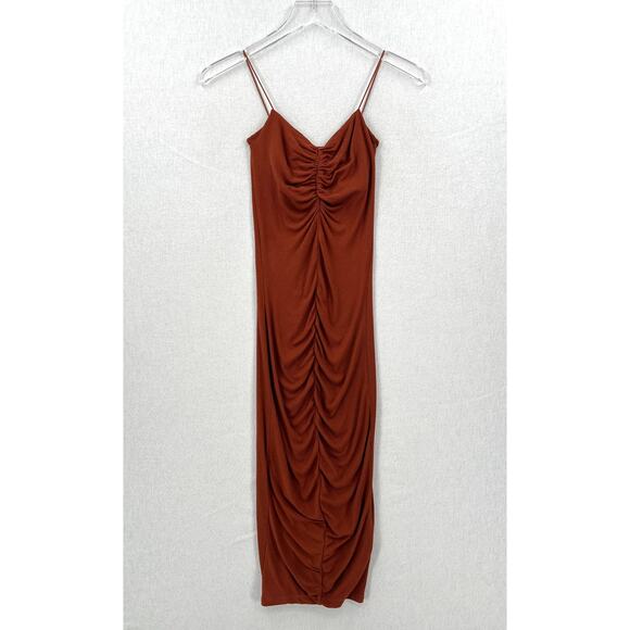 ENZA COSTA Dress Womens XS Umber Stretch Silk Knit Ruched Strappy Midi NEW - Picture 3 of 16